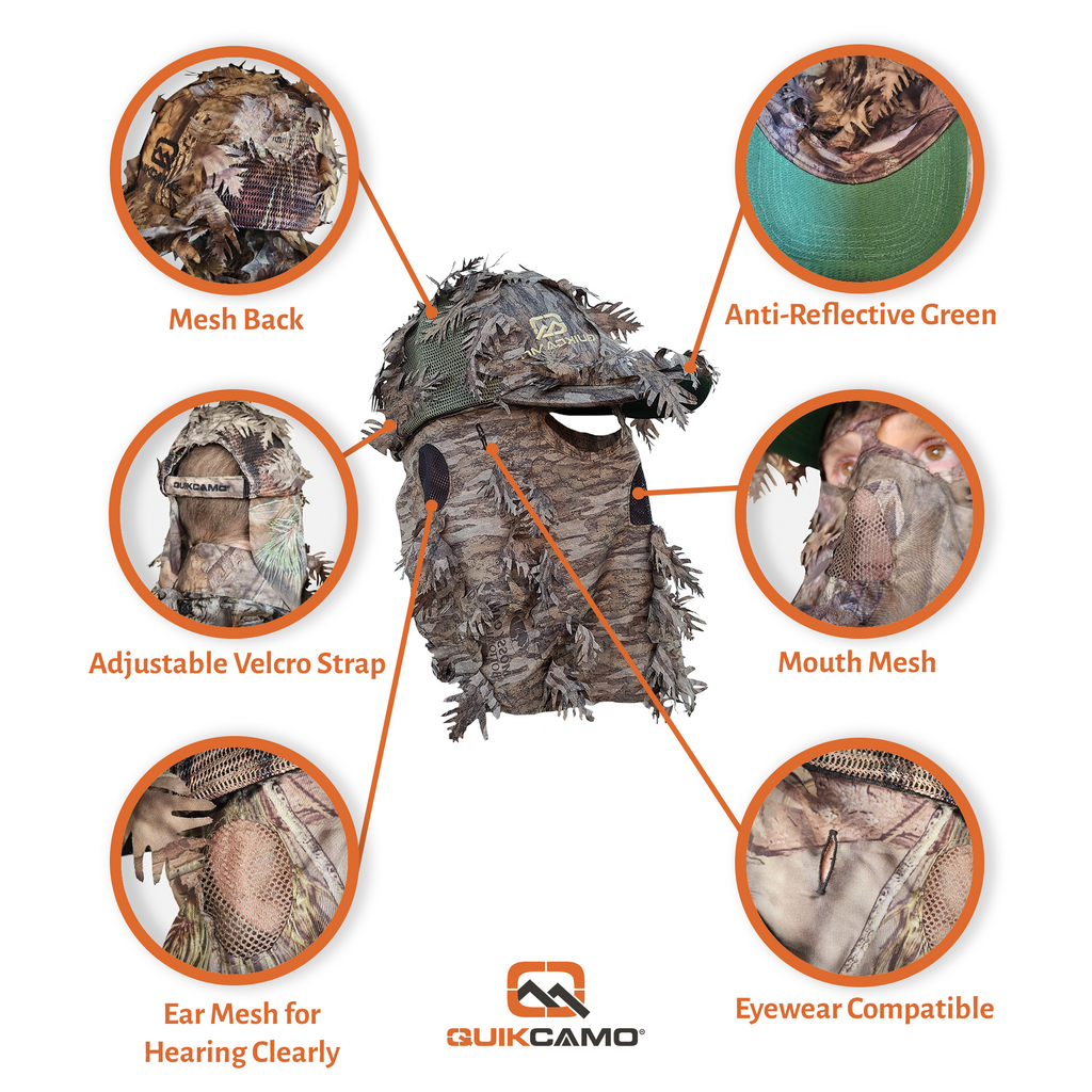 2-in-1 FRONT Leafy Face Mask and Camo Hat (Adj, OSFM) 2-in-1 FRONT Leafy Face Mask and Camo Hat (Adj, OSFM)