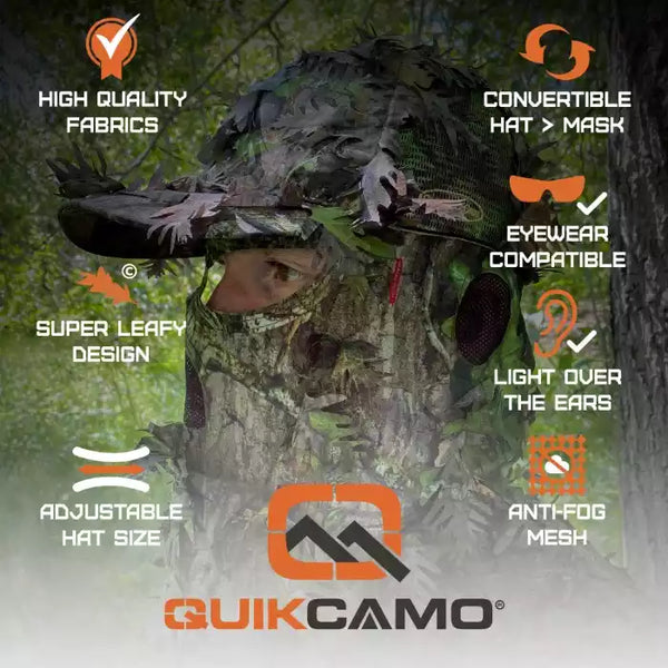 2-in-1 FRONT Leafy Face Mask and Camo Hat (Adj, OSFM) 2-in-1 FRONT Leafy Face Mask and Camo Hat (Adj, OSFM)