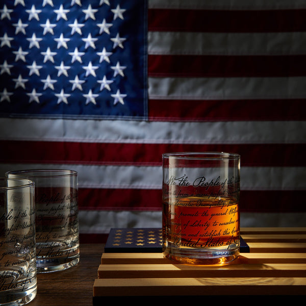 Whiskey Glasses – United States Constitution - Wood American Flag Tray & Set of 4 We The People 10oz America Glassware, Old Fashioned Rocks Glass, Freedom Of Speech Law Gift Set US Patriotic by The Wine Savant