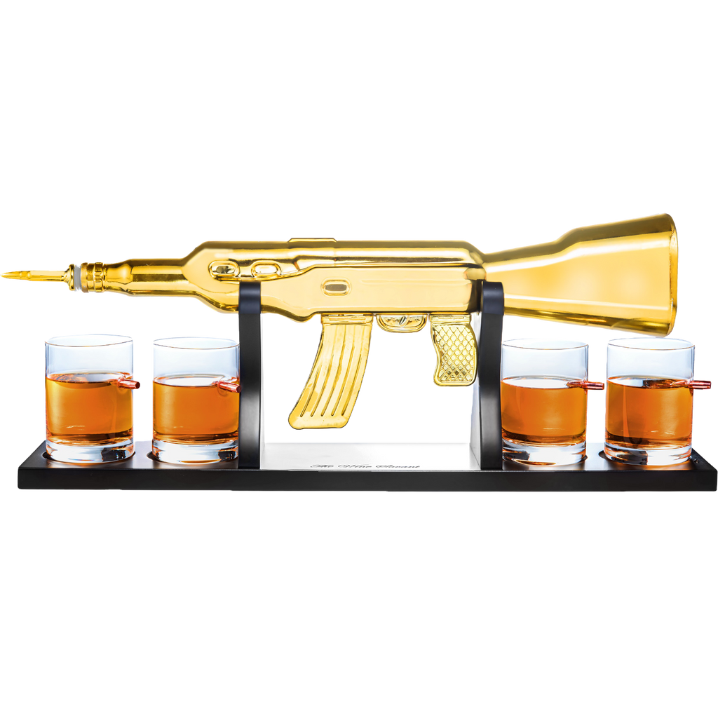 AK Gold Whiskey Decanter Set With 4 Bullet Whiskey Glasses - The Wine Savant, Gift For Fathers, Uncles, Sons - Veteran Gifts, Military Gift, Home Bar Gift, Father's Day by The Wine Savant