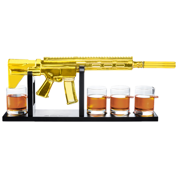 AR15 Gold Whiskey Decanter Set with 4 Bullet Whiskey Glasses - The Wine Savant, Gift for Fathers, Uncles, Sons - Veteran Gifts, Military Gift, Home Bar Gift, Father's Day by The Wine Savant