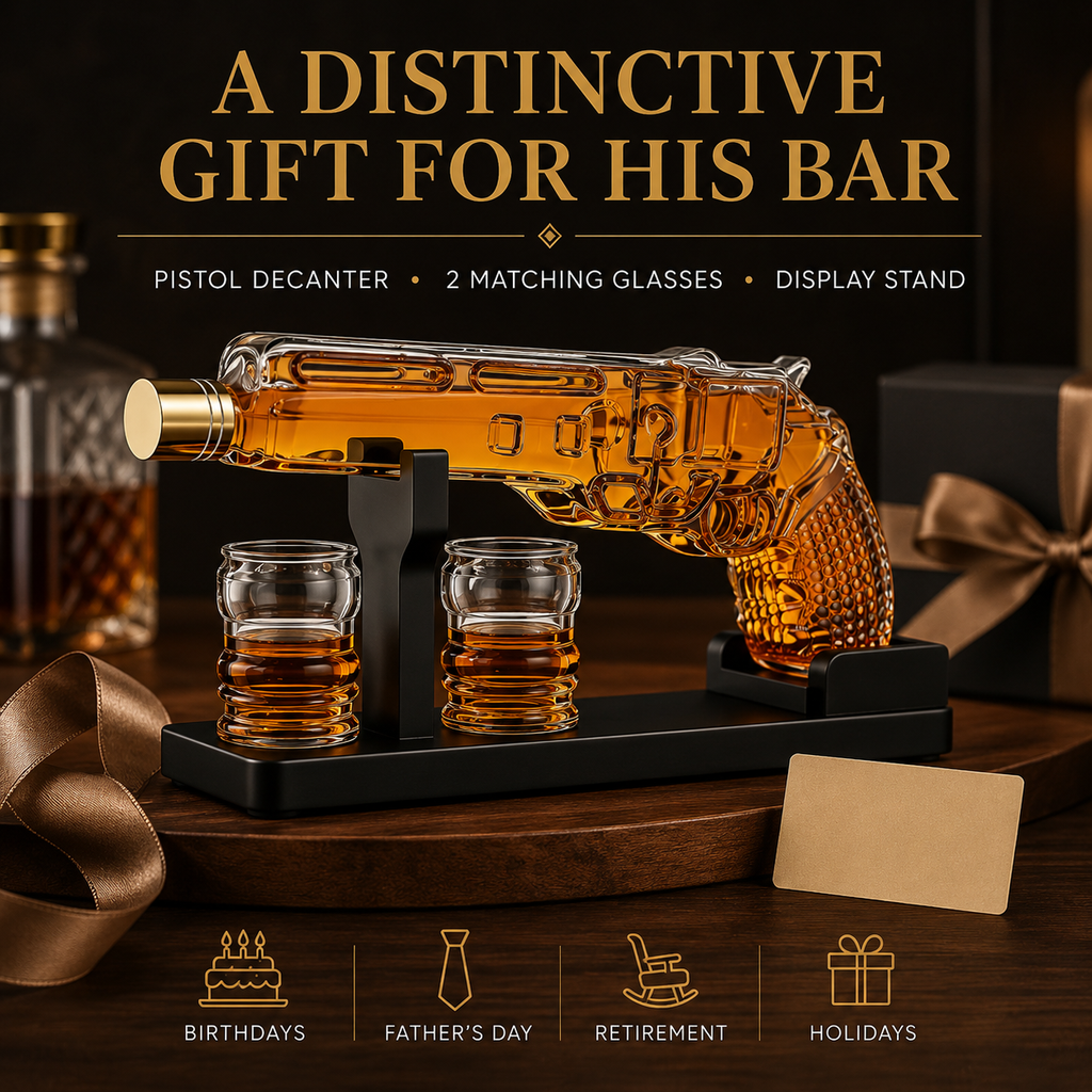 Whiskey Decanter Set 7 7 Oz With Two 1 6 Oz Shot Glasses Pistol Gun Unique Birthday Gift Ideas For S