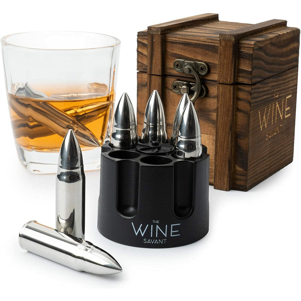 Whiskey Stones Bullets Stainless Steel with Wooden Gift Box - 1.75in (Silver)