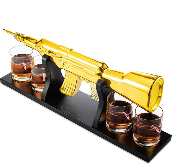 AK Gold Whiskey Decanter Set With 4 Bullet Whiskey Glasses - The Wine Savant, Gift For Fathers, Uncles, Sons - Veteran Gifts, Military Gift, Home Bar Gift, Father's Day by The Wine Savant