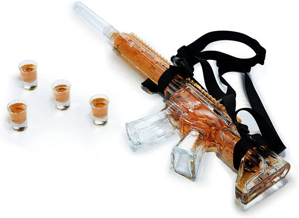 AR15 Whiskey Decanter and Glass Set - Drinking Party Accessory - Holster Attachment, Silencer Stopper - 22oz & 4 1oz Shot Glasses - Drinking Party Accessory, TIK Tok Gun Decanter - Fun Gifts For Men by The Wine Savant