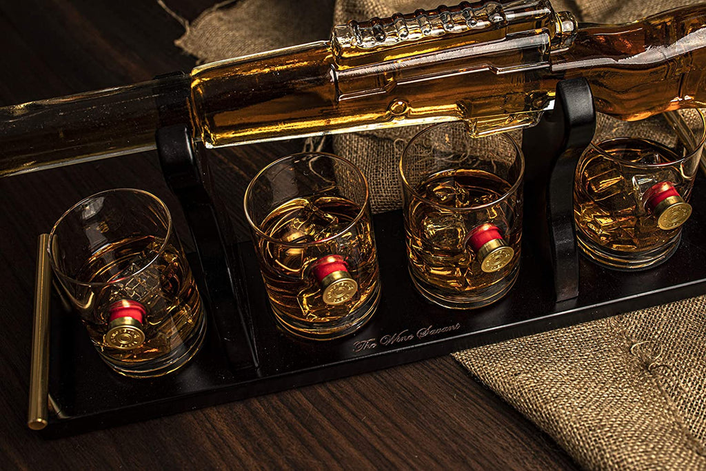 Shotgun Gun Large Whiskey & Wine Decanter Set Bullet Glasses
