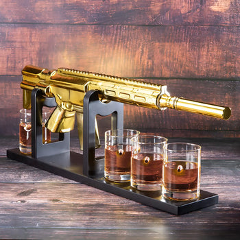 AR15 Gold Whiskey Decanter Set with 4 Bullet Whiskey Glasses - The Wine Savant, Gift for Fathers, Uncles, Sons - Veteran Gifts, Military Gift, Home Bar Gift, Father's Day by The Wine Savant