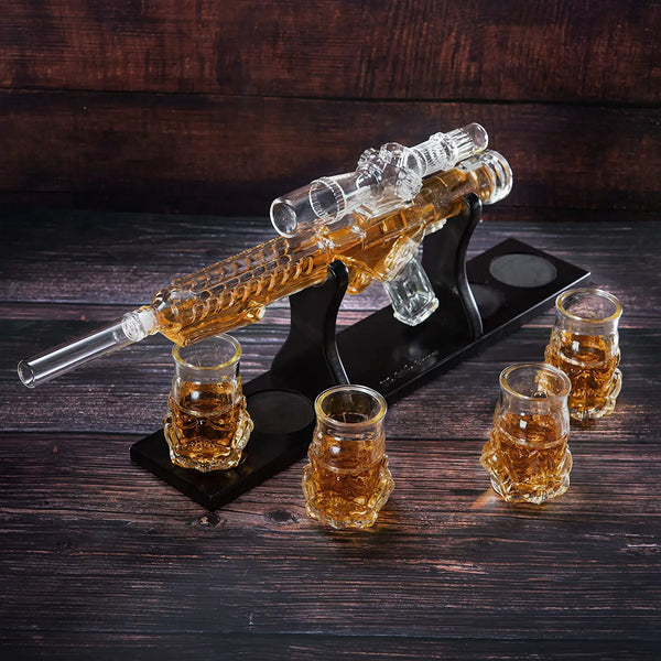 Blaster Force Gun Whiskey & Wine Decanter Set Glasses - Energized Particle Weaponry Elegant Decanter 24" - 4 Shot Glasses & Mahogany Wooden Base The Wine Savant (20 OZ) Gifts for Dad by The Wine Savant