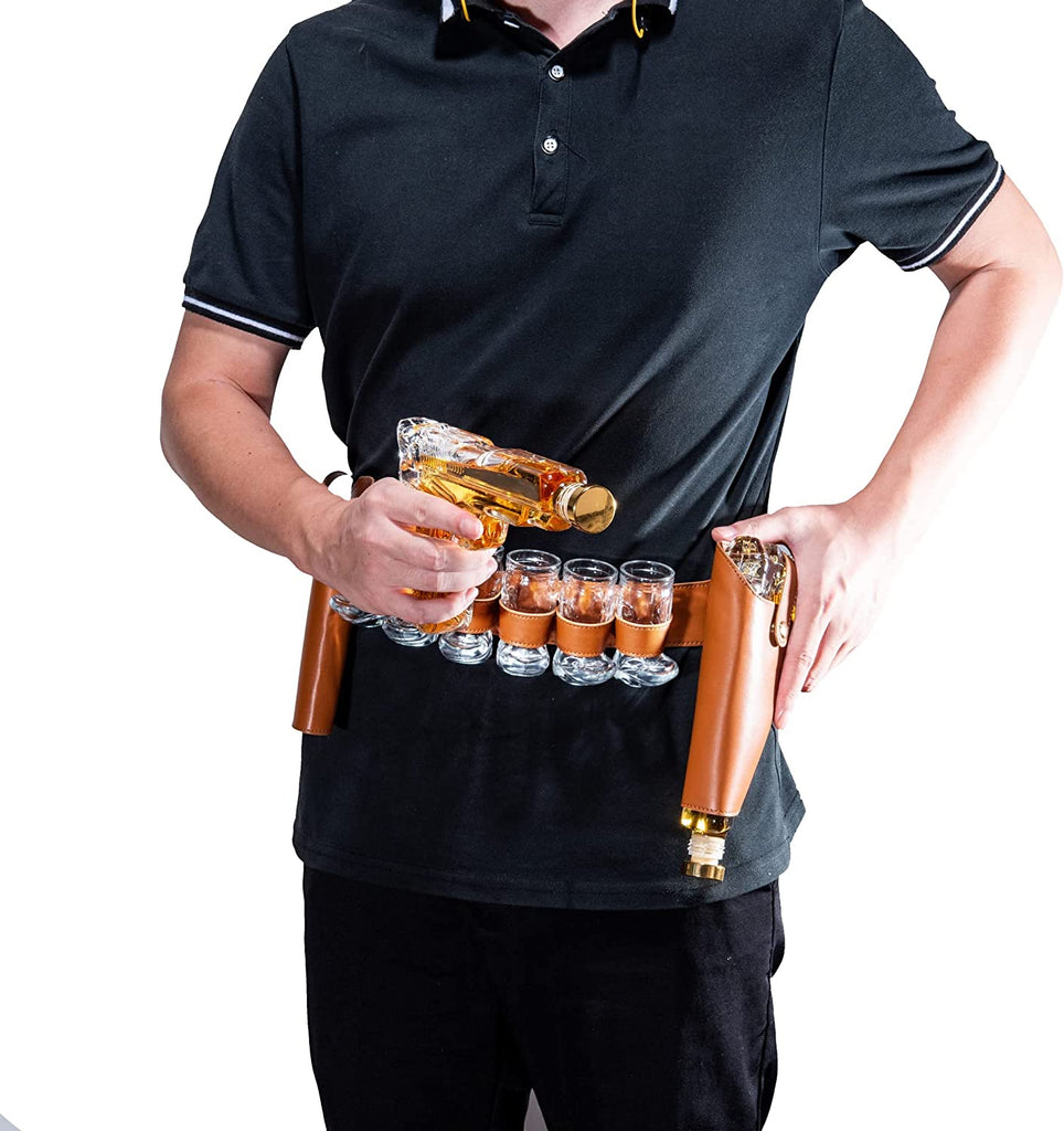 Pistol & Shotglasses Decanter Party Serving Holster Set