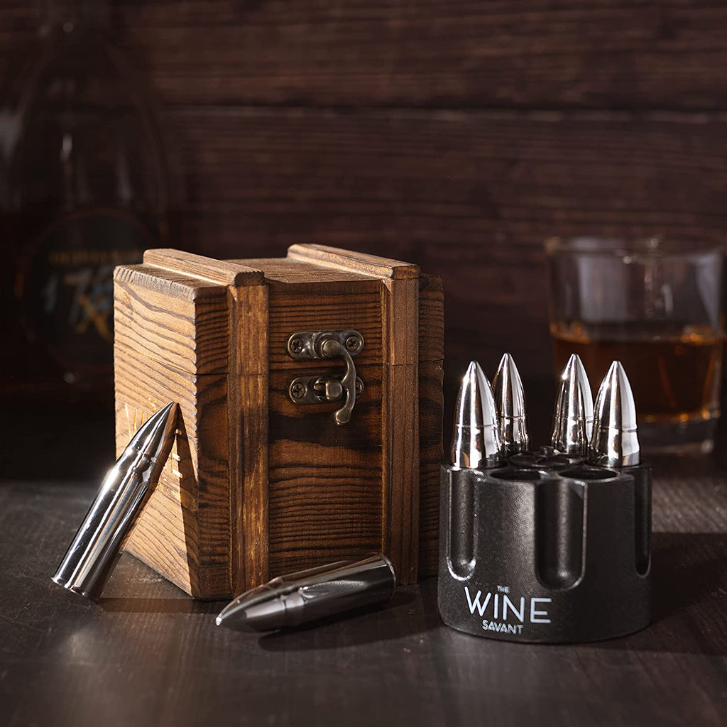 Whiskey Stones Bullets Stainless Steel with Wooden Gift Box - 1.75in (Silver)