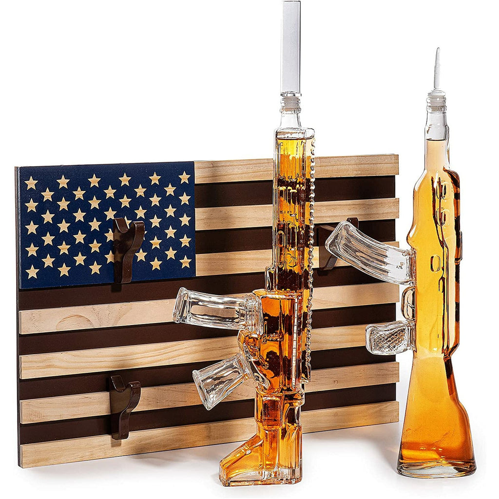 2 Gun Whiskey Decanters Set AR15 and AK47 Gun Decanter 1000ml American Flag Wall Rack by The Wine Savant - Veteran Gifts, Gun Lover Gifts, Tik Tok Gun Decanter, Military Gifts by The Wine Savant