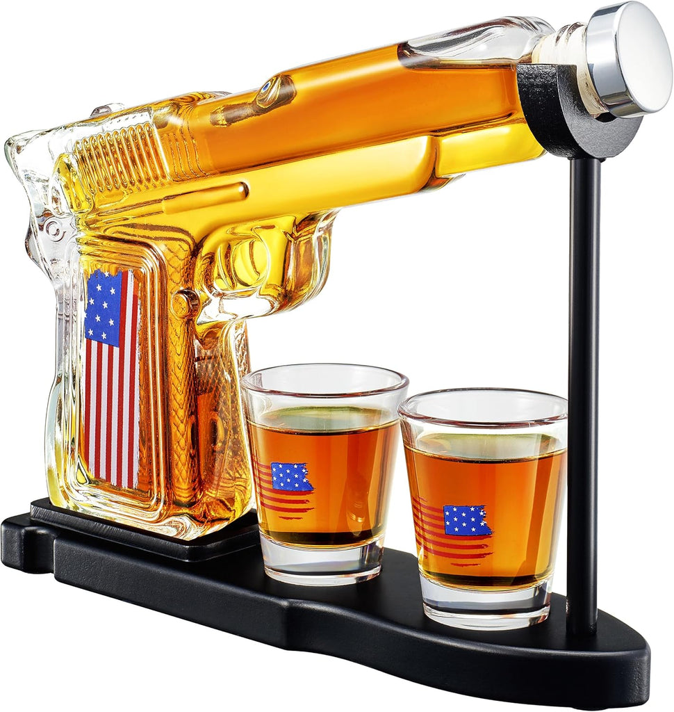 Gifts for Men Dad, 10.1 Oz Whiskey Gun Decanter Set + 2 Bullet Glasses - Unique Birthday Pistol Gift Ideas Daughter Son, Personalized Liquor Dispenser - Scotch Bourbon Vodka, Him, Brother Husband