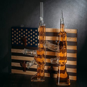 2 Gun Whiskey Decanters Set AR15 and AK47 Gun Decanter 1000ml American Flag Wall Rack by The Wine Savant - Veteran Gifts, Gun Lover Gifts, Tik Tok Gun Decanter, Military Gifts by The Wine Savant