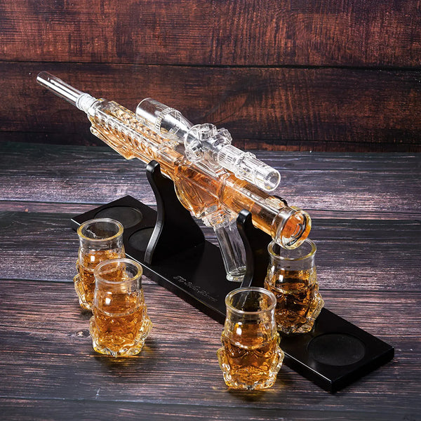 Blaster Force Gun Whiskey & Wine Decanter Set Glasses - Energized Particle Weaponry Elegant Decanter 24" - 4 Shot Glasses & Mahogany Wooden Base The Wine Savant (20 OZ) Gifts for Dad by The Wine Savant