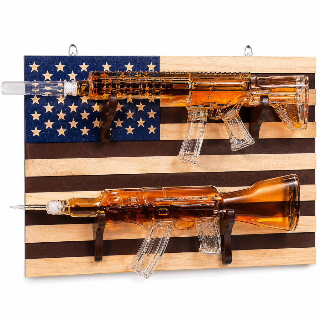 2 Gun Whiskey Decanters Set Ar15 And Ak47 Gun Decanter 1000ML American Flag Wall Rack By The Wine Sa