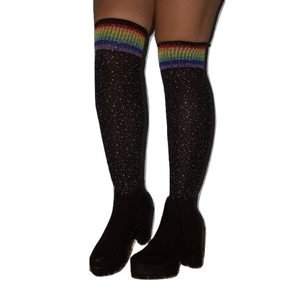 Over the Knee Jeweled Rainbow Glam Disco Socks (Black or White Rainbow) by The Bullish Store