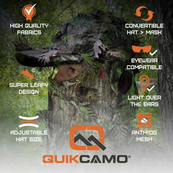 2-in-1 FRONT Leafy Face Mask and Camo Hat (Adj, OSFM)