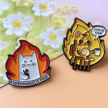 Funny Cat Enamel Pin Everything Is Fine Brooch Jewelry Gift
