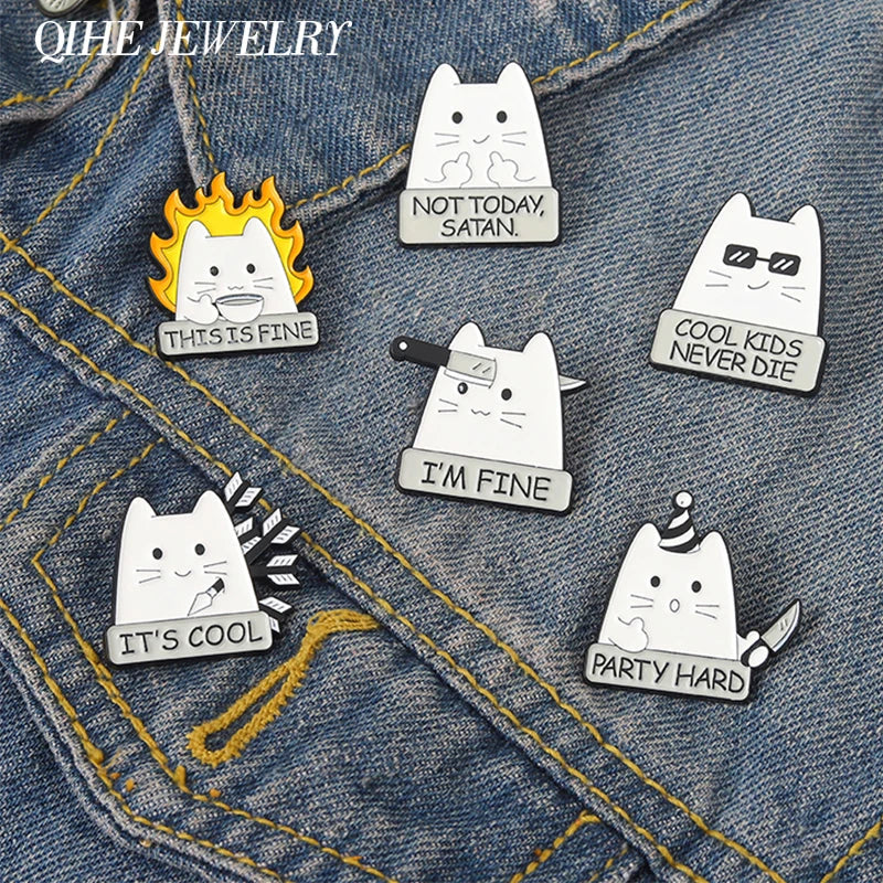 Cartoon Cat Enamel Pin I'm Fine Quote Lapel Brooch Jewelry Gift