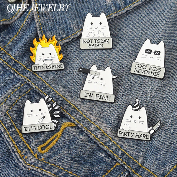 Cartoon Cat Enamel Pin I'm Fine Quote Lapel Brooch Jewelry Gift