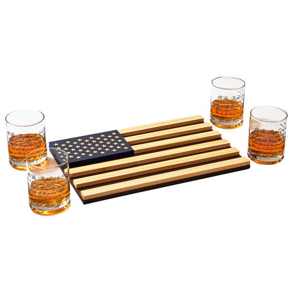 Whiskey Glasses – United States Constitution - Wood American Flag Tray & Set of 4 We The People 10oz America Glassware, Old Fashioned Rocks Glass, Freedom Of Speech Law Gift Set US Patriotic by The Wine Savant