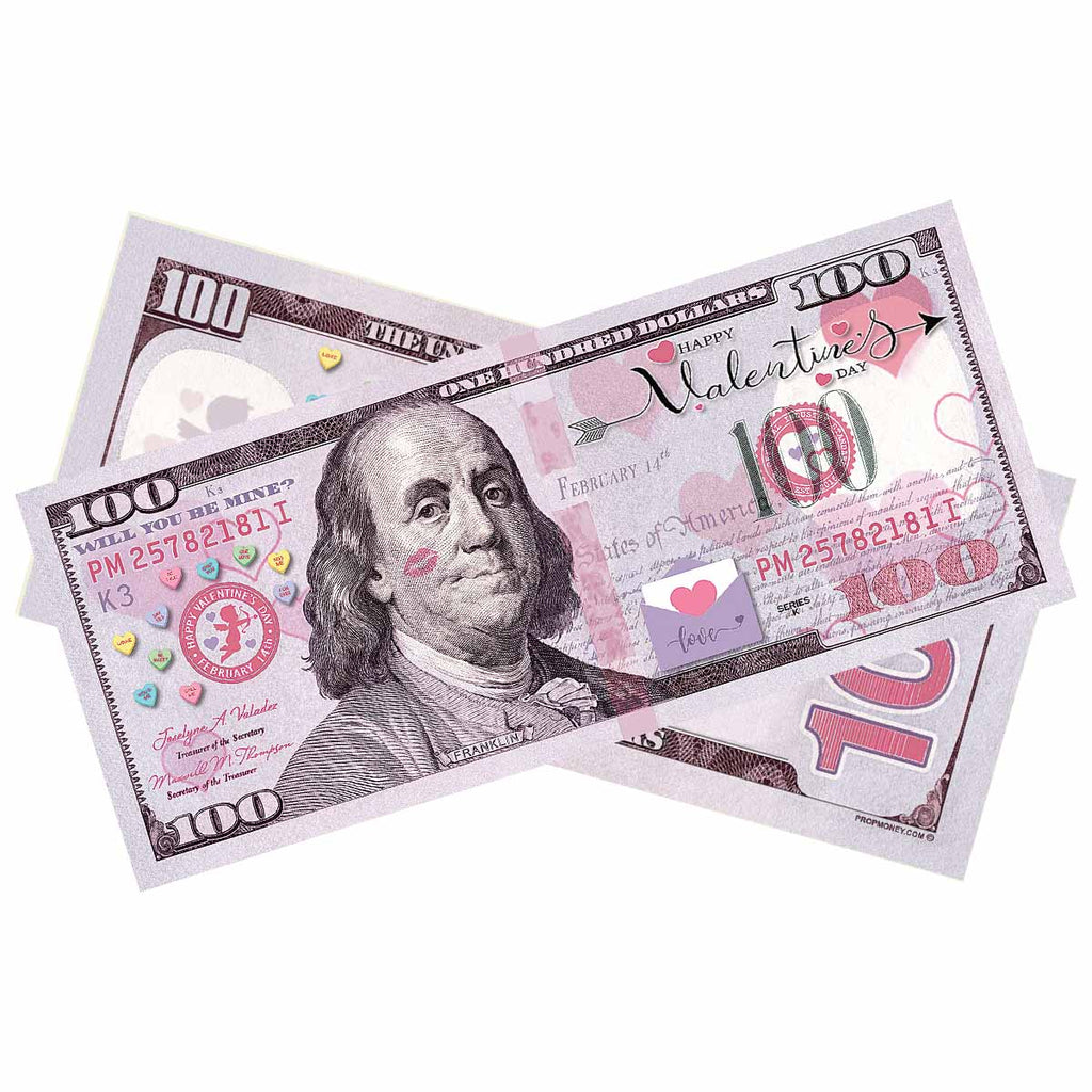 100x $100 Happy Valentine's Day Bills by Prop Money Inc