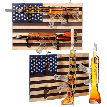 2 Gun Whiskey Decanters Set AR15 and AK47 Gun Decanter 1000ml American Flag Wall Rack by The Wine Savant - Veteran Gifts, Gun Lover Gifts, Tik Tok Gun Decanter, Military Gifts by The Wine Savant