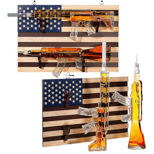 2 Gun Whiskey Decanters Set AR15 and AK47 Gun Decanter 1000ml American Flag Wall Rack by The Wine Savant - Veteran Gifts, Gun Lover Gifts, Tik Tok Gun Decanter, Military Gifts by The Wine Savant