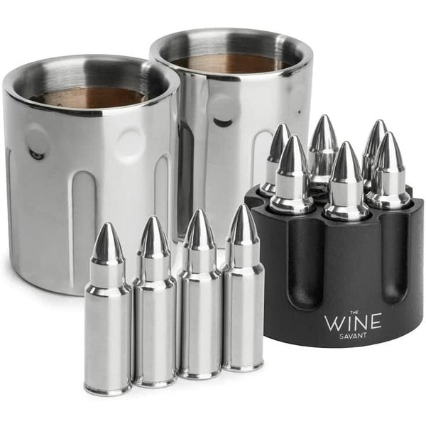 2 Metal Ice Cups & Bullet Chillers by The Wine Savant - Whiskey Stones Bullets Stainless Steel with Revolver Case, 1.75in Bullet Chillers Set of 6, Whiskey Gift Sets, Military Gifts, Veteran Gifts by The Wine Savant - Proud Libertarian - The Wine Savant