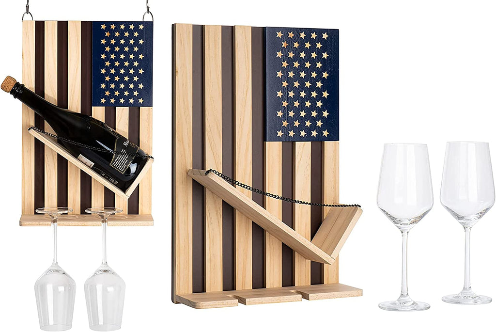 American Flag Wine & Bottle Wall Rack Holder with 2 Wine Glasses by The Wine Savant - patriotic Centerpiece Home Decor Wine Storage Rack Display Holder Gun Gifts for Patriots, Veterans, Military 16"H by The Wine Savant - Proud Libertarian - The Wine Savant