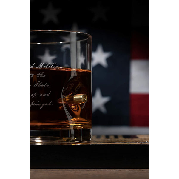 2nd Amendment American Flag Bullet Glasses - .308 Real Solid Copper Projectile, Set of 4 Hand Blown Old Fashioned Whiskey Rocks Glasses, Wood Flag Tray with Patriots Gun Rights Law & Military Gift Set by The Wine Savant - Proud Libertarian - The Wine Savant