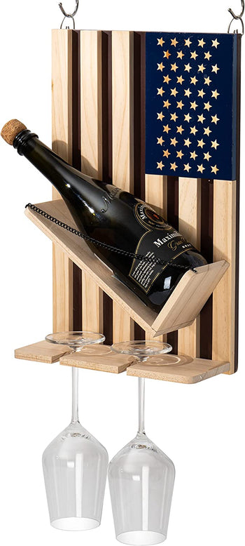 American Flag Wine & Bottle Wall Rack Holder with 2 Wine Glasses by The Wine Savant - patriotic Centerpiece Home Decor Wine Storage Rack Display Holder Gun Gifts for Patriots, Veterans, Military 16