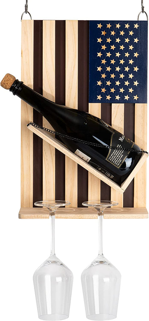 American Flag Wine & Bottle Wall Rack Holder with 2 Wine Glasses by The Wine Savant - patriotic Centerpiece Home Decor Wine Storage Rack Display Holder Gun Gifts for Patriots, Veterans, Military 16"H by The Wine Savant - Proud Libertarian - The Wine Savant