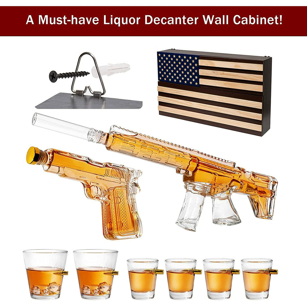 Pistol & AR15 Whiskey Decanter Set of 2 on Hidden Storage American Flag Wall Rack by The Wine Savant with 4 Bullet Shot Glasses & 2 Bullet Whiskey Glasses - Veteran Gifts, Military Gift, Home Bar Gift by The Wine Savant - Proud Libertarian - The Wine Savant