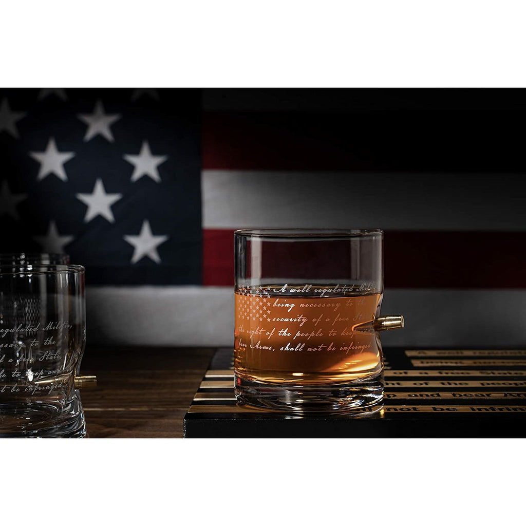 2nd Amendment American Flag Bullet Glasses - .308 Real Solid Copper Projectile, Set of 4 Hand Blown Old Fashioned Whiskey Rocks Glasses, Wood Flag Tray with Patriots Gun Rights Law & Military Gift Set by The Wine Savant - Proud Libertarian - The Wine Savant