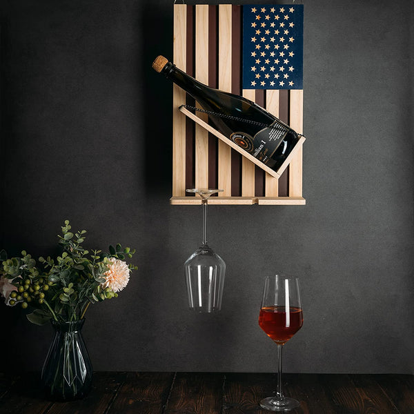 American Flag Wine & Bottle Wall Rack Holder with 2 Wine Glasses by The Wine Savant - patriotic Centerpiece Home Decor Wine Storage Rack Display Holder Gun Gifts for Patriots, Veterans, Military 16"H by The Wine Savant - Proud Libertarian - The Wine Savant