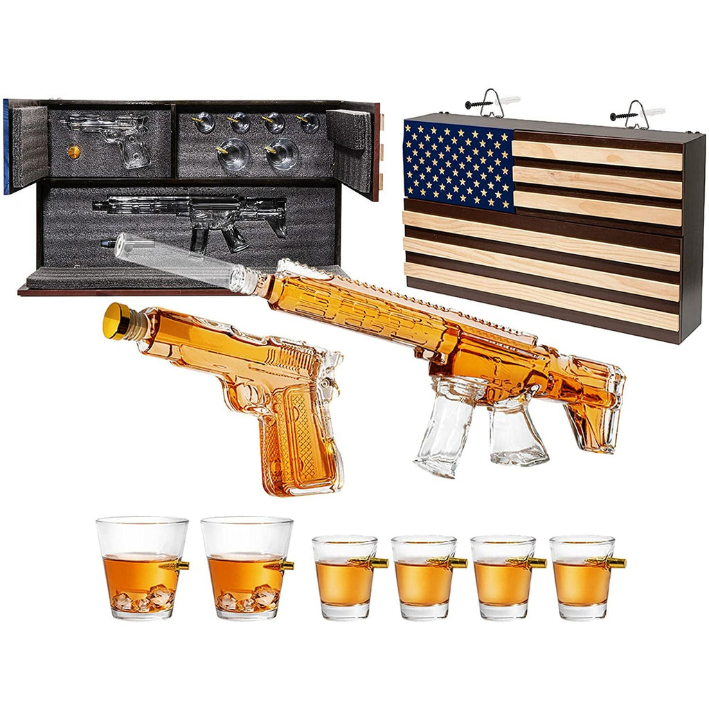 Pistol & AR15 Whiskey Decanter Set of 2 on Hidden Storage American Flag Wall Rack by The Wine Savant with 4 Bullet Shot Glasses & 2 Bullet Whiskey Glasses - Veteran Gifts, Military Gift, Home Bar Gift by The Wine Savant - Proud Libertarian - The Wine Savant