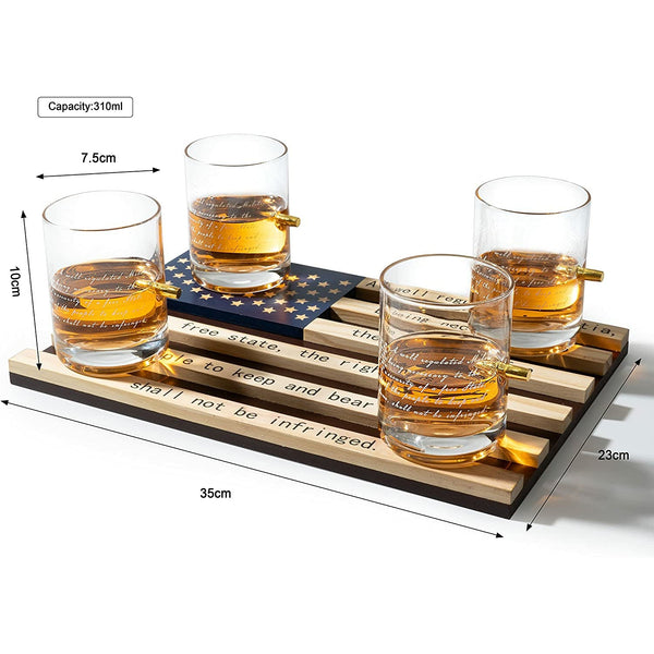 2nd Amendment American Flag Bullet Glasses - .308 Real Solid Copper Projectile, Set of 4 Hand Blown Old Fashioned Whiskey Rocks Glasses, Wood Flag Tray with Patriots Gun Rights Law & Military Gift Set by The Wine Savant - Proud Libertarian - The Wine Savant