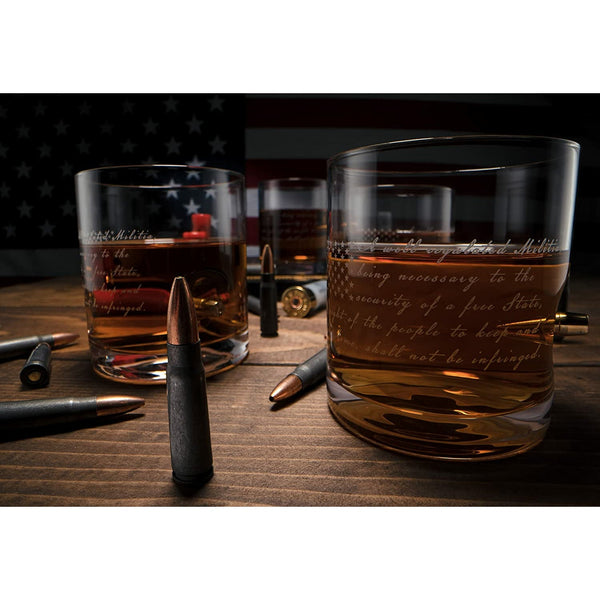 2nd Amendment American Flag Bullet Glasses - .308 Real Solid Copper Projectile, Set of 4 Hand Blown Old Fashioned Whiskey Rocks Glasses, Wood Flag Tray with Patriots Gun Rights Law & Military Gift Set by The Wine Savant - Proud Libertarian - The Wine Savant