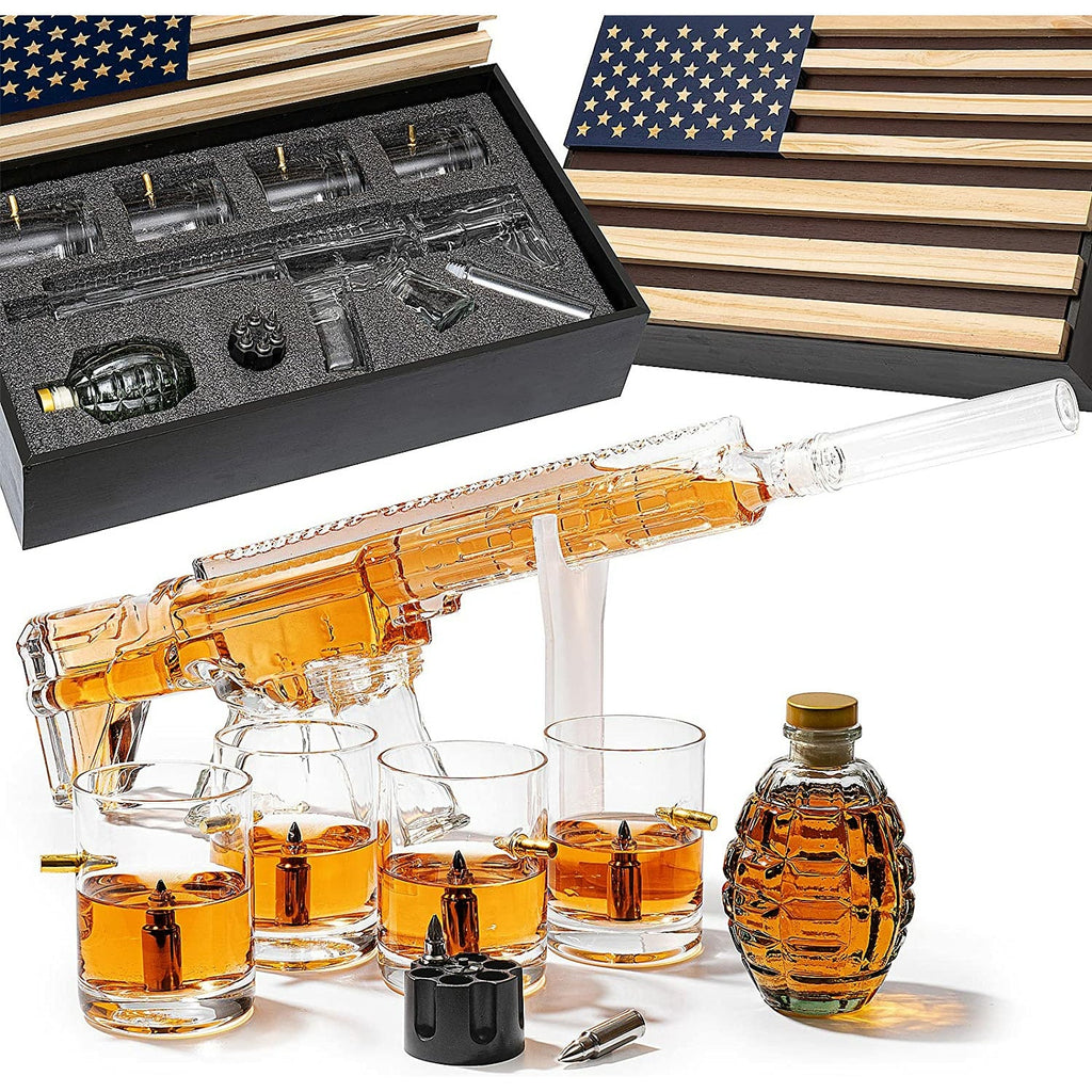 AR15 Whiskey Gun Decanter set- 1000 ml Set With American Flag Gift Box, & 4 12oz Bullet Glasses, Whiskey Revolver Bullet Chillers, Small Grenade Decanter Drinking Party Accessory by The Wine Savant - Proud Libertarian - The Wine Savant