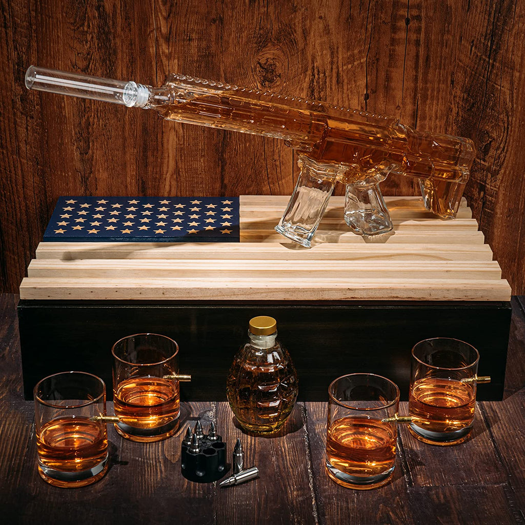 AR15 Whiskey Gun Decanter set- 1000 ml Set With American Flag Gift Box, & 4 12oz Bullet Glasses, Whiskey Revolver Bullet Chillers, Small Grenade Decanter Drinking Party Accessory by The Wine Savant - Proud Libertarian - The Wine Savant