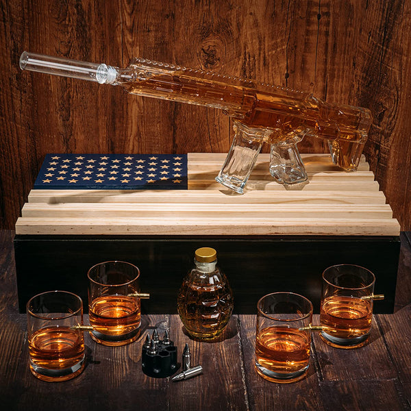 AR15 Whiskey Gun Decanter set- 1000 ml Set With American Flag Gift Box, & 4 12oz Bullet Glasses, Whiskey Revolver Bullet Chillers, Small Grenade Decanter Drinking Party Accessory by The Wine Savant - Proud Libertarian - The Wine Savant