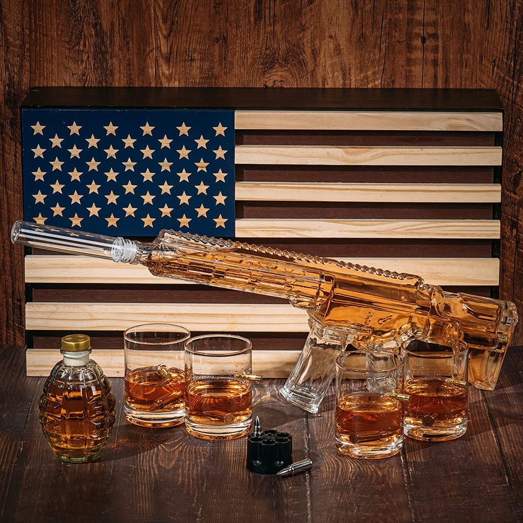 AR15 Whiskey Gun Decanter set- 1000 ml Set With American Flag Gift Box, & 4 12oz Bullet Glasses, Whiskey Revolver Bullet Chillers, Small Grenade Decanter Drinking Party Accessory by The Wine Savant - Proud Libertarian - The Wine Savant