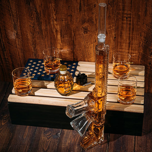 AR15 Whiskey Gun Decanter set- 1000 ml Set With American Flag Gift Box, & 4 12oz Bullet Glasses, Whiskey Revolver Bullet Chillers, Small Grenade Decanter Drinking Party Accessory by The Wine Savant - Proud Libertarian - The Wine Savant