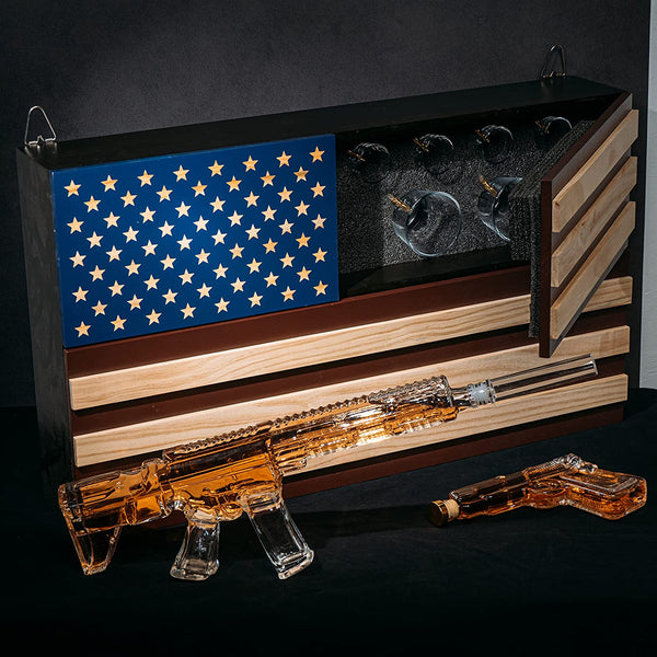 Pistol & AR15 Whiskey Decanter Set of 2 on Hidden Storage American Flag Wall Rack by The Wine Savant with 4 Bullet Shot Glasses & 2 Bullet Whiskey Glasses - Veteran Gifts, Military Gift, Home Bar Gift by The Wine Savant - Proud Libertarian - The Wine Savant