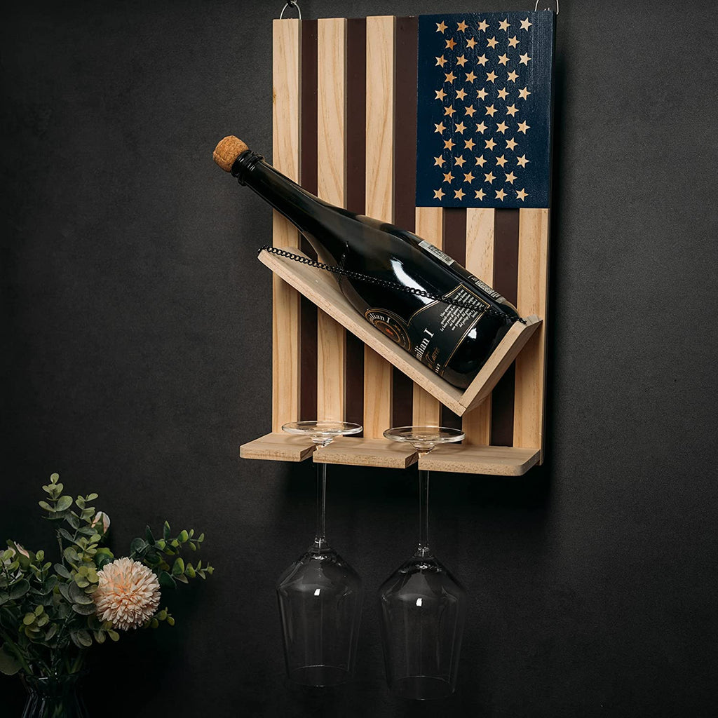 American Flag Wine & Bottle Wall Rack Holder with 2 Wine Glasses by The Wine Savant - patriotic Centerpiece Home Decor Wine Storage Rack Display Holder Gun Gifts for Patriots, Veterans, Military 16"H by The Wine Savant - Proud Libertarian - The Wine Savant