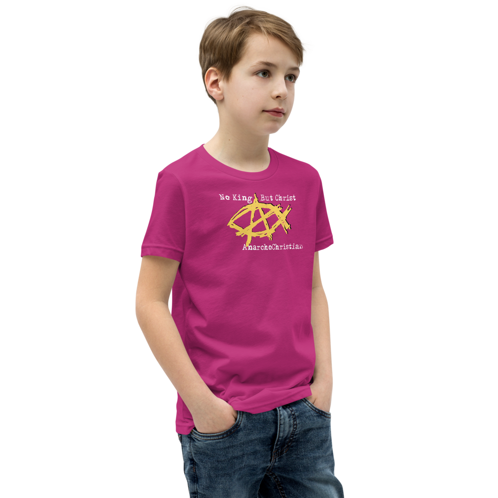 AnarchoChristian No King But Christ - Anarchist Jesus Fish Youth Short Sleeve T-Shirt - Proud Libertarian - AnarchoChristian