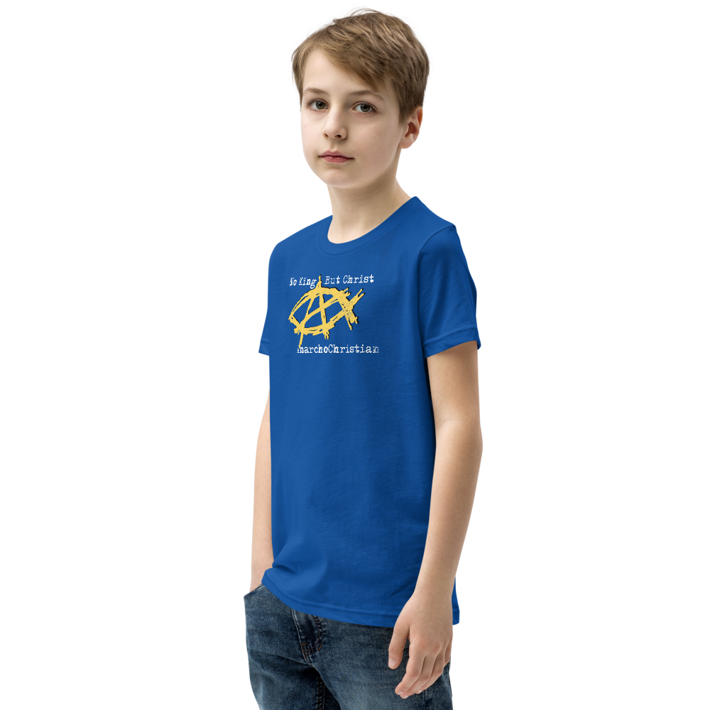 AnarchoChristian No King But Christ - Anarchist Jesus Fish Youth Short Sleeve T-Shirt - Proud Libertarian - AnarchoChristian