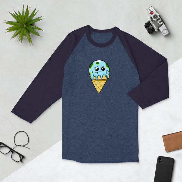 Global Meltdown Cartoon Earth Ice Cream 3/4 sleeve raglan shirt - Proud Libertarian - Cartoons of Liberty