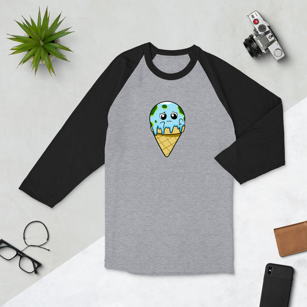 Global Meltdown Cartoon Earth Ice Cream 3/4 sleeve raglan shirt - Proud Libertarian - Cartoons of Liberty